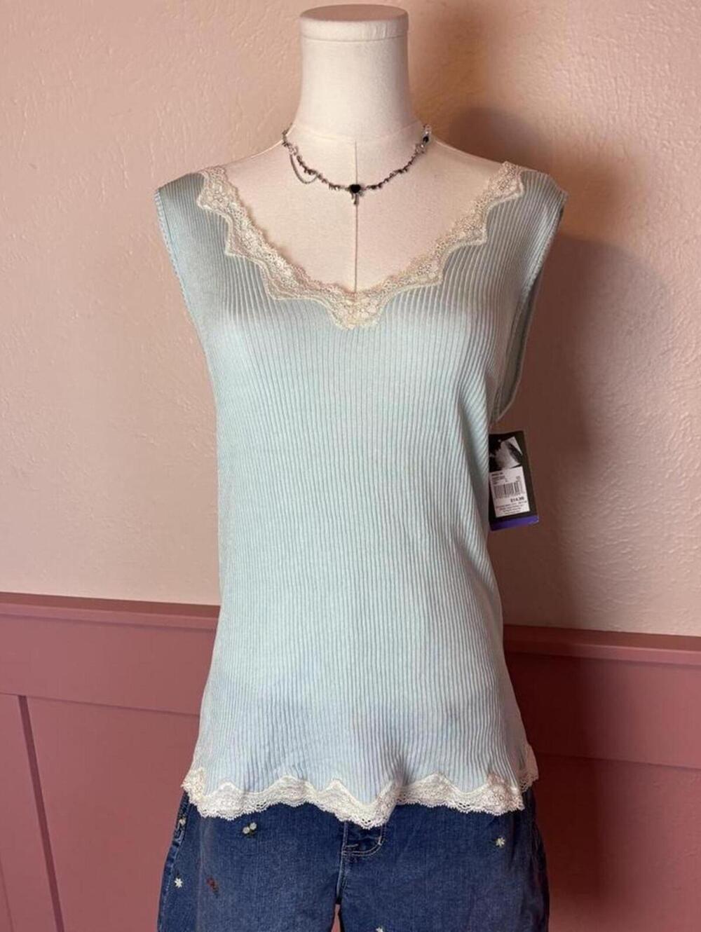 lace dainty light blue tank top merona nwt sz xl nylon soft girl coquette fairy